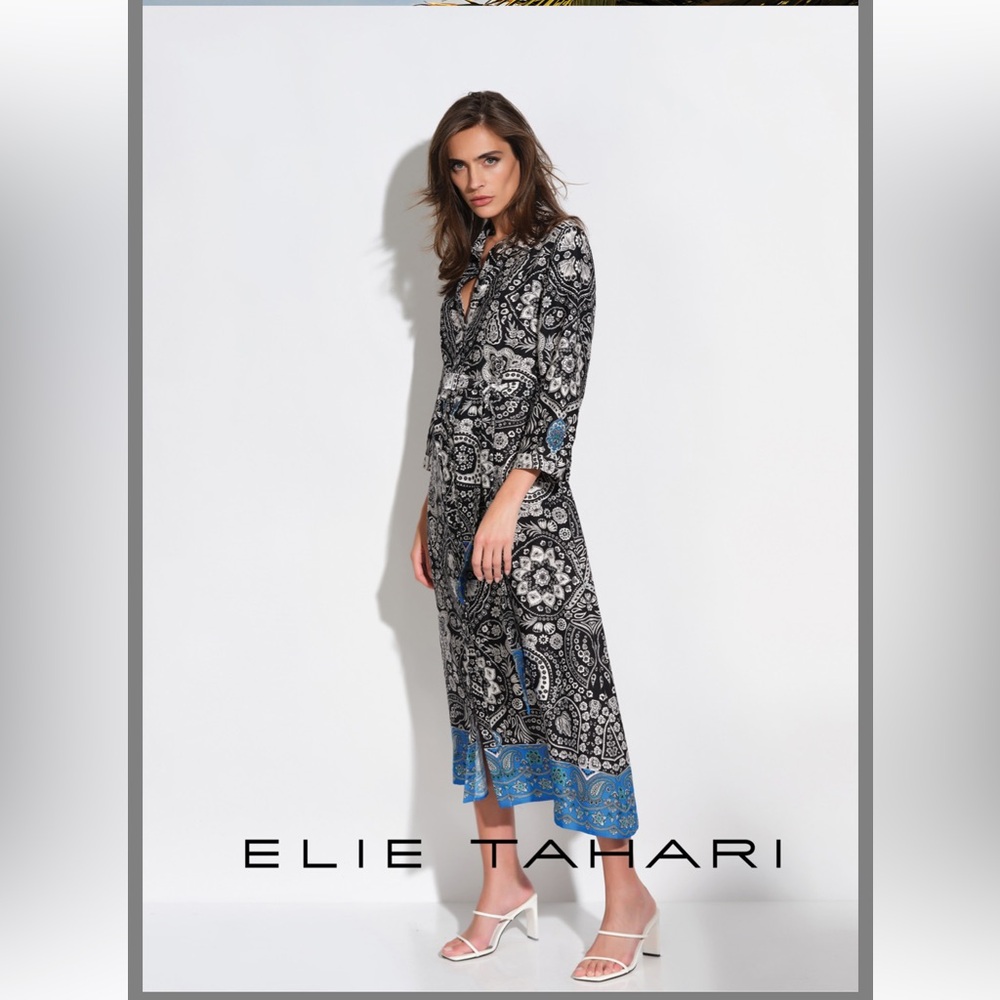 Elie Tahari Black and Blue Maxi SHIRT-DRESS WITH BATIK PRINT
